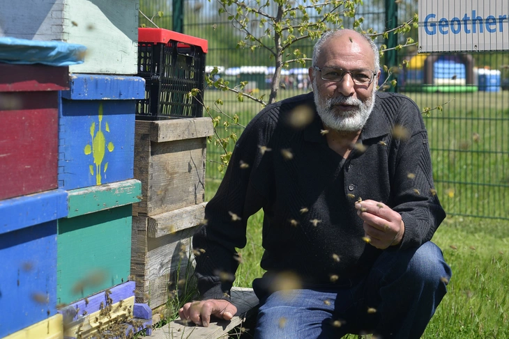 Dr. Aly Hassanein kniend neben bunten Bienenkästen